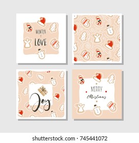 Hand drawn vector abstract fun Merry Christmas time cartoon cards collection set with cute illustrations,ginger bred cookies and handwritten modern calligraphy quotes isolated on white background.