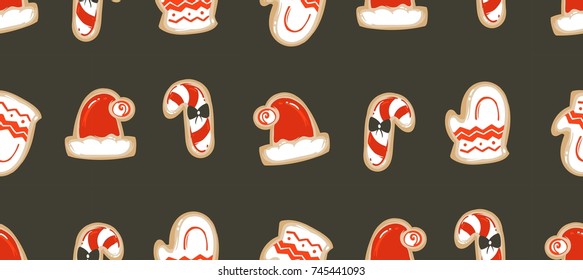 Hand drawn vector abstract fun Merry Christmas time cartoon illustration seamless pattern with baked ginger breads cookies isolated on black background.