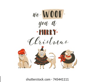 Hand drawn vector abstract fun Merry Christmas time cartoon illustrations poster with xmas dogs and modern handwritten calligraphy text We Woof you a Merry Christmas isolated on white background.