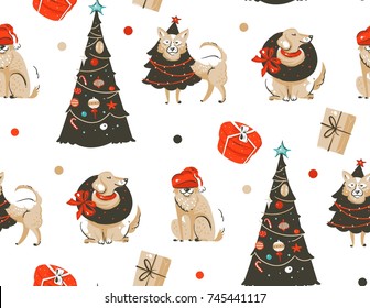 Hand drawn vector abstract fun Merry Christmas time cartoon illustration seamless pattern with many pet dogs in holidays costume and xmas trees isolated on white background.