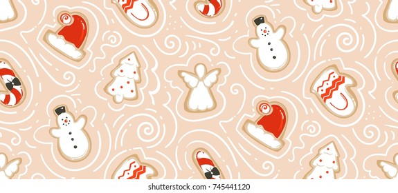 Hand Drawn Vector Abstract Fun Merry Christmas Time Cartoon Illustration Seamless Pattern With Baked Ginger Breads Cookies Isolated On Craft Paper Background.