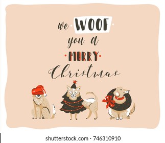 Hand drawn vector abstract fun Merry Christmas time cartoon illustrations poster with xmas dogs and modern handwritten calligraphy text We Woof you a Merry Christmas isolated on pastel background.