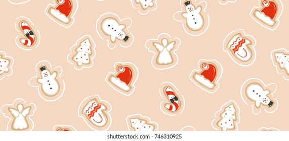 Hand drawn vector abstract fun Merry Christmas time cartoon illustration seamless pattern with baked ginger breads cookies isolated on craft paper background.