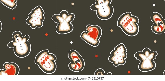 Hand drawn vector abstract fun Merry Christmas time cartoon illustration seamless pattern with baked ginger breads cookies isolated on black background.