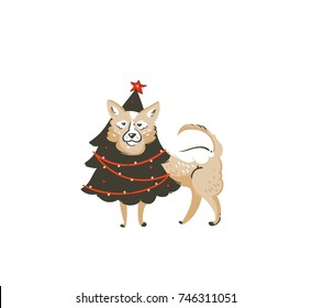 Hand drawn vector abstract fun Merry Christmas time cartoon icon illustration with mammal happy dog in holiday xmas tree costume isolated on white background.