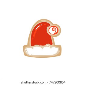 Hand drawn vector abstract fun Merry Christmas time cartoon illustration card with baked gingerbread cookie Santa Claus hat shape isolated on white background.