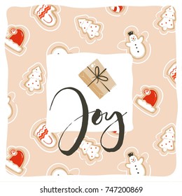 Hand drawn vector abstract fun Merry Christmas time cartoon card template design with cute illustrations,gingerbread cookies and handwritten modern calligraphy Joy isolated on white background.
