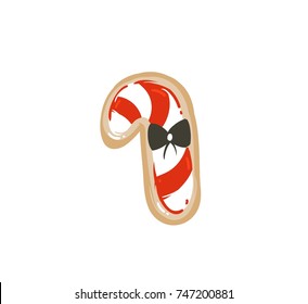 Hand drawn vector abstract fun Merry Christmas time cartoon illustration card with baked gingerbread cookie candy cane shape isolated on white background.