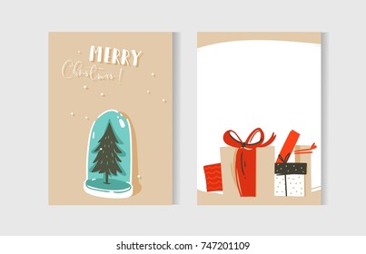 Hand drawn vector abstract fun Merry Christmas time cartoon cards collection set with illustrations,surprise gift boxes,xmas tree snow ball bulb and modern calligraphy isolated on white background.