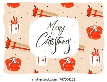 Hand drawn vector abstract fun Merry Christmas time cartoon illustration greeting card with many colorful surprise gift boxes and modern rough xmas calligraphy isolated on craft paper background.