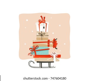 Hand drawn vector abstract fun Merry Christmas shopping time cartoon greeting illustration card design with many colorful surprise gift boxes on sleigh isolated on white background.