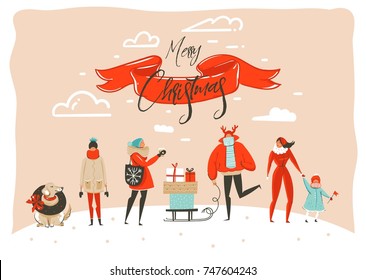 Hand drawn vector abstract fun Merry Christmas time cartoon illustration greeting card with group of people in winter clothing,surprise gift boxes and xmas calligraphy isolated on craft background.