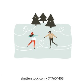 Hand drawn vector abstract fun Merry Christmas time cartoon illustration with young couple who skating in frozen forest isolated on white background.
