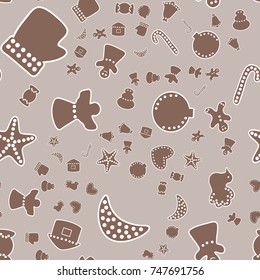 Hand drawn vector abstract fun Merry Christmas time cartoon illustration seamless pattern with baked ginger breads cookies isolated on craft beige background.