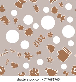 Hand drawn vector abstract fun Merry Christmas time cartoon illustration seamless pattern with baked ginger breads cookies isolated on craft beige background.