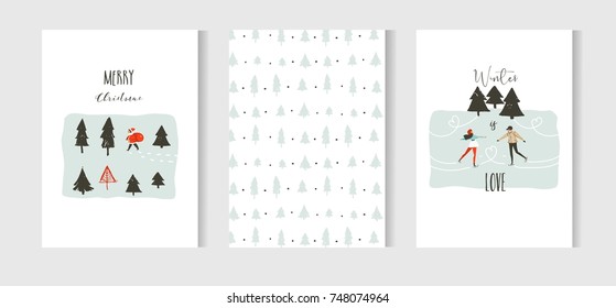 Hand drawn vector abstract fun Merry Christmas time cartoon cards collection set with cute illustrations,sledding people,Santa Claus,Christmas tree and modern calligraphy isolated on white background.