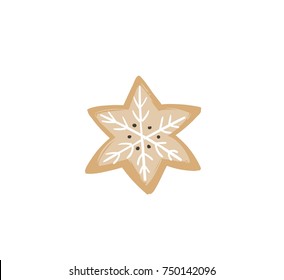 Hand drawn vector abstract fun Merry Christmas time cartoon illustration card with baked gingerbread cookie star shape isolated on white background.