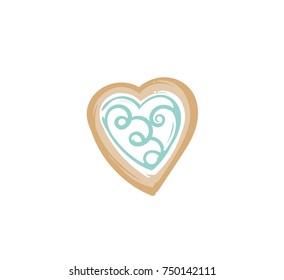 Hand drawn vector abstract fun Merry Christmas time cartoon illustration card with baked gingerbread cookie heart shape isolated on white background.