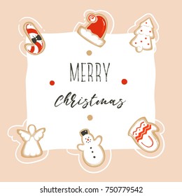 Hand drawn vector abstract fun Merry Christmas time cartoon card template with cute illustrations,gingerbread cookies and handwritten modern calligraphy Merry Christmas isolated on white background.