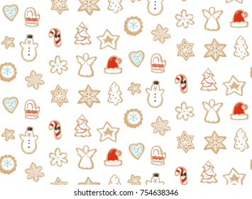 Hand drawn vector abstract fun Merry Christmas time cartoon illustration seamless pattern with baked gingerbreads cookies isolated on white background.
