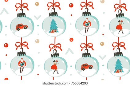 Hand drawn vector abstract fun Merry Christmas time cartoon illustration seamless pattern with Christmas vintage tree toys,people and Santa Claus isolated on white background.
