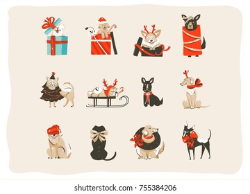 Hand drawn vector abstract fun Merry Christmas time cartoon icons illustrations collection set with mammal happy dogs in holidays xmas tree costumes isolated on white background.
