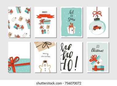 Hand drawn vector abstract fun Merry Christmas time cartoon cards collection set with cute illustrations,surprise gift boxes,dogs and handwritten modern calligraphy text isolated on white background.