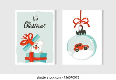 Hand drawn vector abstract fun Merry Christmas time cartoon cards collection set with cute illustrations,surprise gift boxes,dogs and handwritten modern calligraphy text isolated on white background.