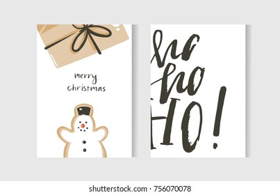 Hand Drawn Vector Abstract Fun Merry Christmas Time Cartoon Cards Collection Set With Cute Illustrations,surprise Gift Box,snowman And Handwritten Modern Calligraphy Text Isolated On White Background.