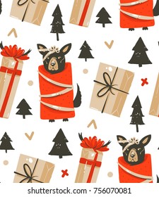 Hand drawn vector abstract fun Merry Christmas time cartoon illustrations seamless pattern with cute funny mammal dogs in vintage Christmas gifts boxes isolated on white background.
