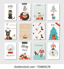 Hand drawn vector abstract fun Merry Christmas time cartoon cards collection set with cute illustrations,surprise gift boxes ,Xmas mammal dogs and modern calligraphy isolated on white background.