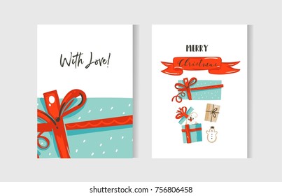 Hand drawn vector abstract fun Merry Christmas time cartoon cards collection set with cute illustrations of dog in surprise gift box and red ribbon with modern calligraphy isolated on white background