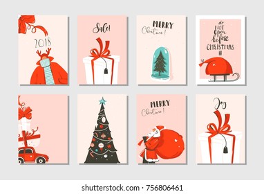 Hand drawn vector abstract fun Merry Christmas time cartoon cards collection set with cute illustrations,surprise gift boxes,xmas tree and modern calligraphy in pastel colors isolated.
