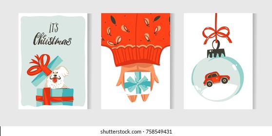 Hand drawn vector abstract fun Merry Christmas time cartoon cards collection set with cute illustration of dog in surprise gift box with modern calligraphy isolated on white background.
