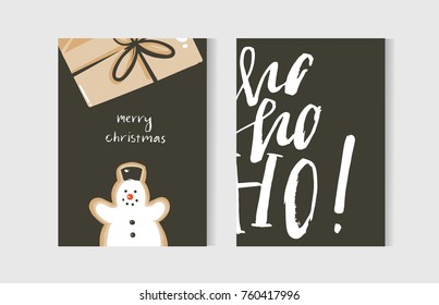 Hand drawn vector abstract fun Merry Christmas time cartoon cards collection set with cute illustrations,surprise gift box,snowman and handwritten modern calligraphy text isolated on white background.