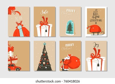 Hand drawn vector abstract fun Merry Christmas time cartoon cards collection set with cute illustrations,surprise gift boxes ,Christmas tree and modern calligraphy isolated on craft paper background.