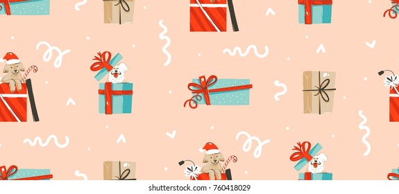 Hand Drawn Vector Abstract Fun Merry Christmas Time Cartoon Illustration Seamless Pattern With Pet Dog In Xmas Surprise Gift Boxes Isolated On Pastel Background.
