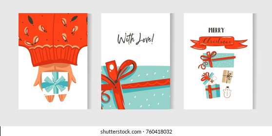 Hand drawn vector abstract fun Merry Christmas time cartoon cards collection set with cute illustration of dog in surprise gift box and red ribbon with modern calligraphy isolated on white background.