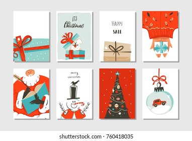 Hand drawn vector abstract fun Merry Christmas time cartoon cards collection set with cute illustrations,surprise gift boxes ,Xmas tree and modern calligraphy isolated on white background.