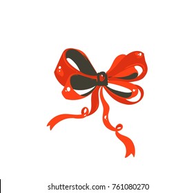 Hand drawn vector abstract fun Merry Christmas time cartoon card with cute illustration of red silk bow isolated on white background.