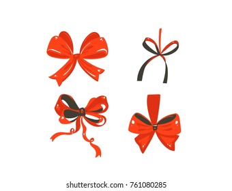 Hand drawn vector abstract fun Merry Christmas time cartoon cute illustrations collection set of red silk bows isolated on white background.