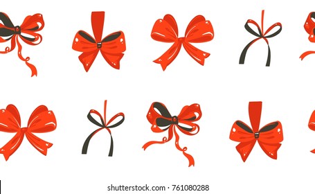 Hand drawn vector abstract fun Merry Christmas time cartoon rustic festive seamless pattern with cute illustrations of red silk bows isolated on white background.