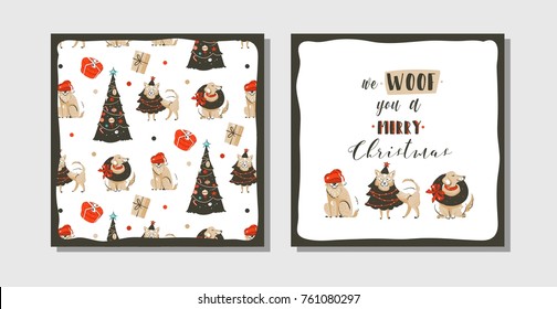 Hand drawn vector abstract fun Merry Christmas time cartoon illustration cards collection set with many pet dogs in holidays costume and xmas trees isolated on white background.