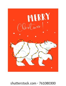 Hand drawn vector abstract fun Merry Christmas time cartoon illustrations card design template with white polar bear and lights garland isolated on red background.