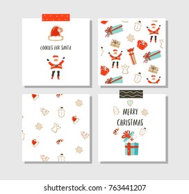 Hand drawn vector abstract fun Merry Christmas time cartoon cards collection set with cute illustrations,surprise gift boxes,Santa Claus,dog and modern calligraphy isolated on white background.
