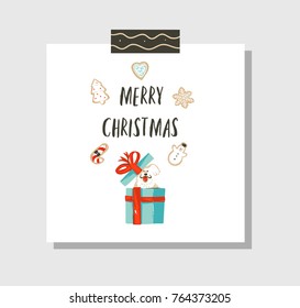 Hand drawn vector abstract fun Merry Christmas time cartoon card template with cute illustrations,surprise gift boxes,gingerbread cookies,dog and modern calligraphy isolated on white background.