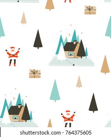 Hand drawn vector abstract fun Merry Christmas time cartoon seamless pattern with cute illustrations,Santa Claus and Eve outdoor with pine forest and house isolated on white background.