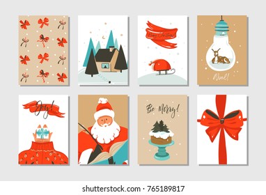 Hand drawn vector abstract fun Merry Christmas time cartoon cards collection set with cute illustrations of Santa Claus and Xmas cake isolated on white background.