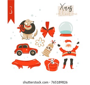 Hand drawn vector abstract fun cartoon classic Merry Christmas time illustrations decoration elements collection set with surprise gift boxes,dog,Santa Claus and snow ball isolated on white background