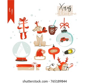 Hand drawn vector abstract fun cartoon classic Merry Christmas time illustrations decoration elements collection set with surprise gift boxes,dog,children and snow ball isolated on white background.